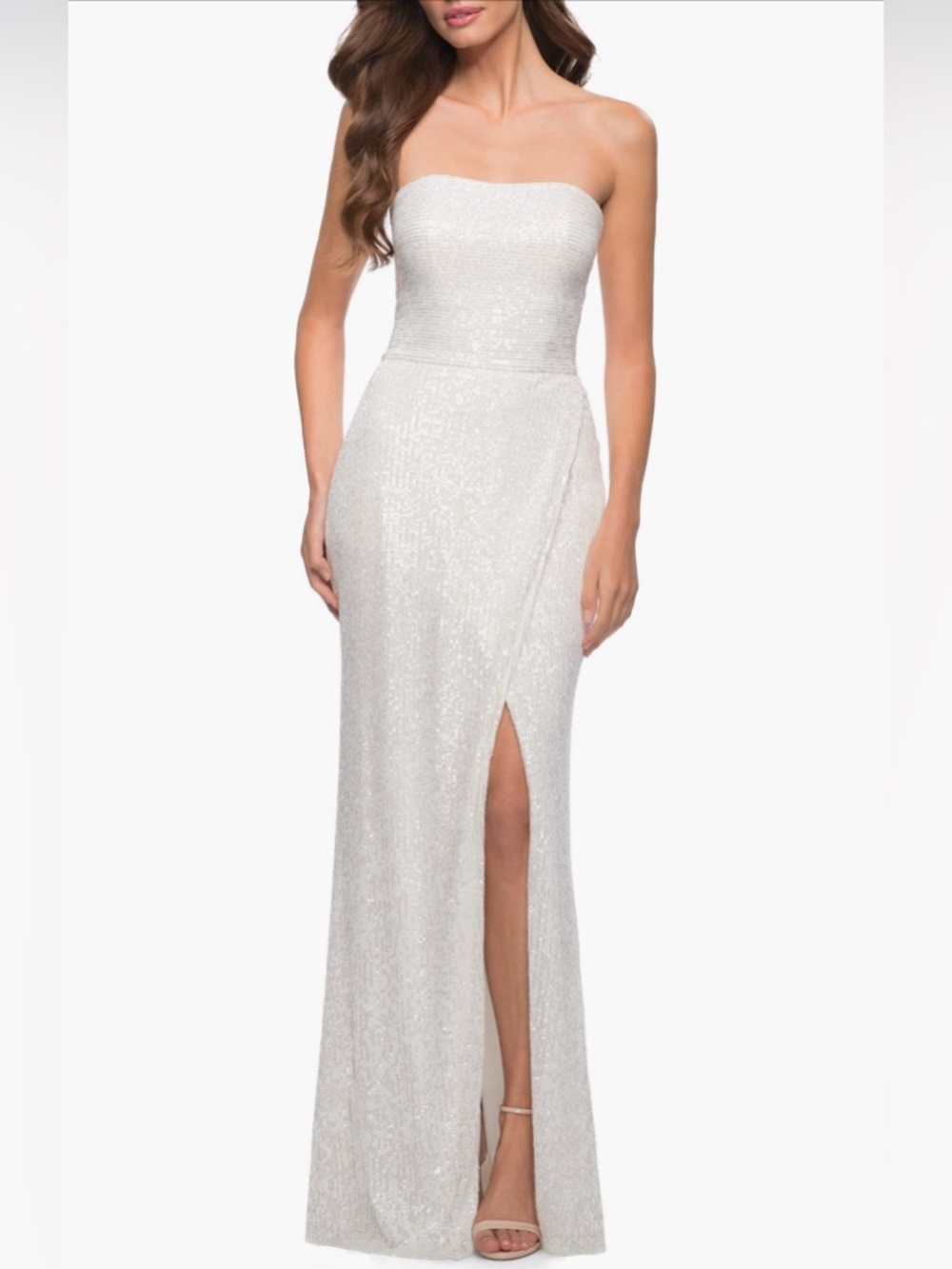 La Femme White Simple Sequin Strapless Dress with Faux Wrap Skirt